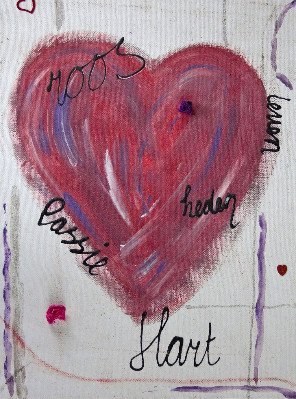 Schilderij van een rood hart met de woorden roos, leven, heden, passie en hart